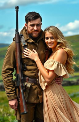 An Irish revolutionary standing confidently with a sniper's rifle slung across his back, wearing a vintage military uniform, his rugged features highlighting determination and strength