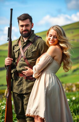 An Irish revolutionary standing confidently with a sniper's rifle slung across his back, wearing a vintage military uniform, his rugged features highlighting determination and strength