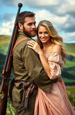 An Irish revolutionary standing confidently with a sniper's rifle slung across his back, wearing a vintage military uniform, his rugged features highlighting determination and strength