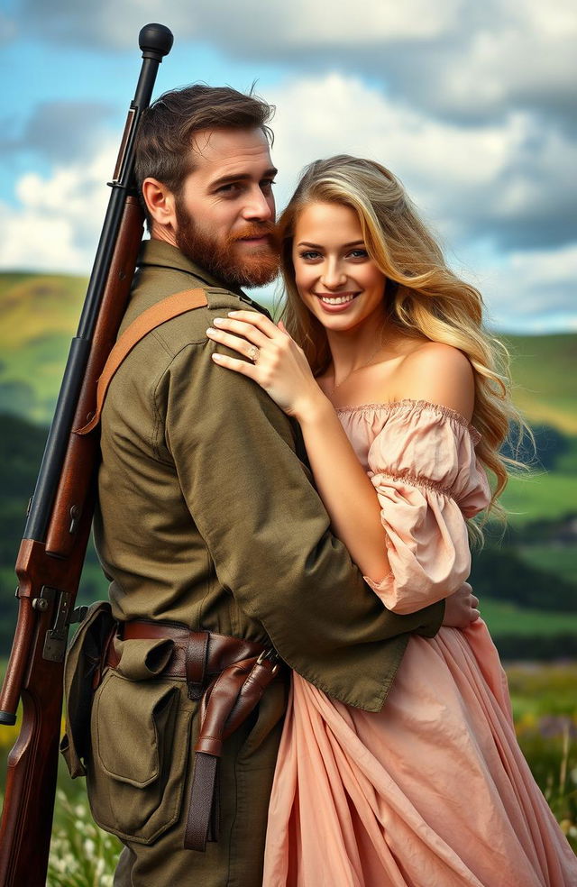 An Irish revolutionary standing confidently with a sniper's rifle slung across his back, wearing a vintage military uniform, his rugged features highlighting determination and strength