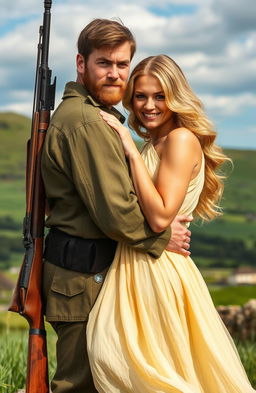 An Irish revolutionary standing confidently with a sniper's rifle slung across his back, wearing a vintage military uniform, his rugged features highlighting determination and strength