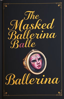 A captivating book cover design featuring a golden cursive lettered font prominently displaying the title 'The Masked Ballerina' against a deep black background