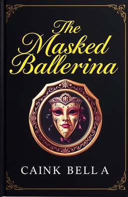 A captivating book cover design featuring a golden cursive lettered font prominently displaying the title 'The Masked Ballerina' against a deep black background