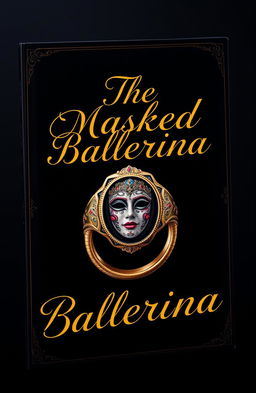 A captivating book cover design featuring a golden cursive lettered font prominently displaying the title 'The Masked Ballerina' against a deep black background