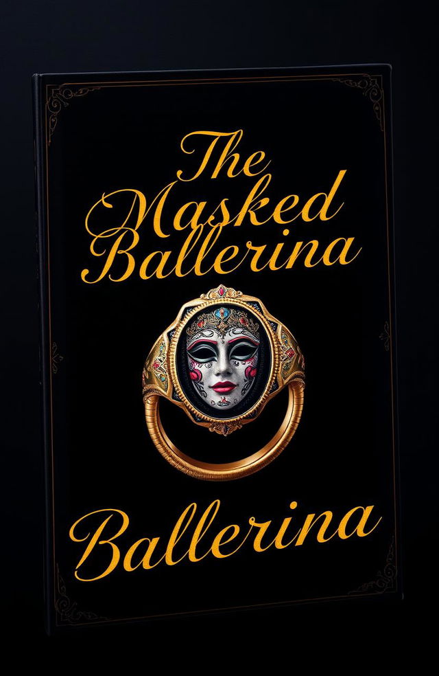 A captivating book cover design featuring a golden cursive lettered font prominently displaying the title 'The Masked Ballerina' against a deep black background