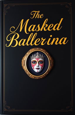 A captivating book cover design featuring a golden cursive lettered font prominently displaying the title 'The Masked Ballerina' against a deep black background