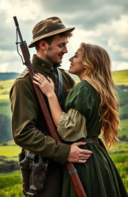 An Irish revolutionary soldier, dressed in historical military attire from the early 20th century, holding a rifle, is depicted in a loving embrace with his girlfriend who has long blonde hair