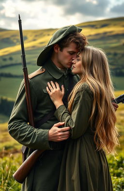 An Irish revolutionary soldier, dressed in historical military attire from the early 20th century, holding a rifle, is depicted in a loving embrace with his girlfriend who has long blonde hair