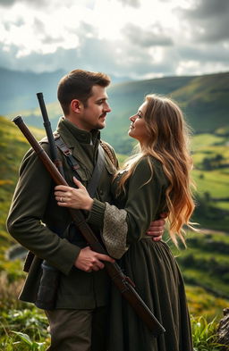 An Irish revolutionary soldier, dressed in historical military attire from the early 20th century, holding a rifle, is depicted in a loving embrace with his girlfriend who has long blonde hair