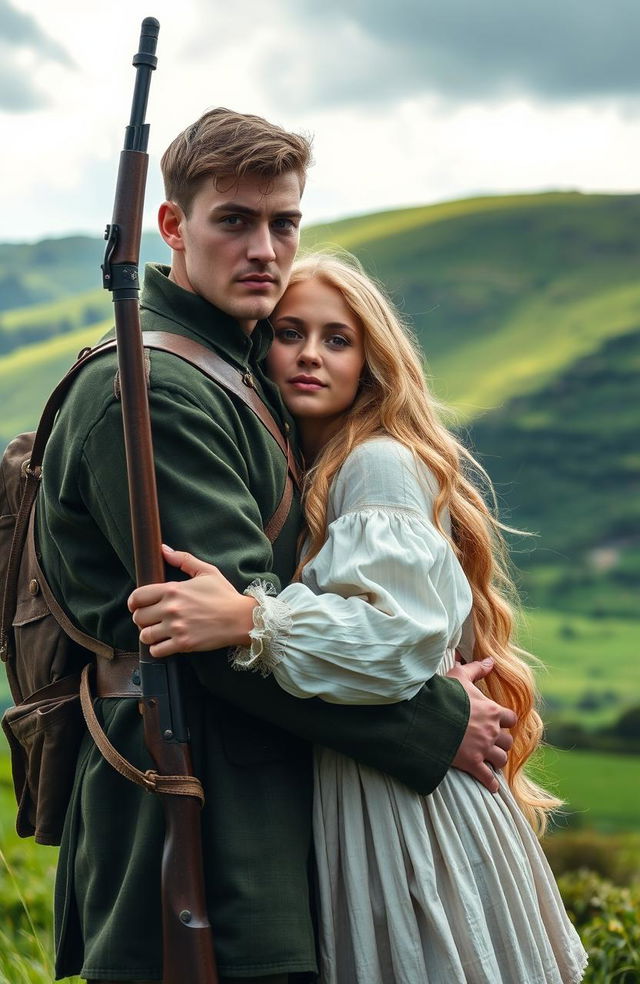 An Irish revolutionary soldier, dressed in historical military attire from the early 20th century, holding a rifle, is depicted in a loving embrace with his girlfriend who has long blonde hair