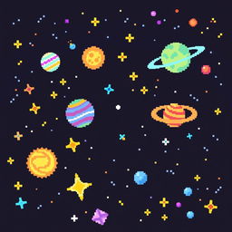 A pixel art depiction of outer space, featuring a vibrant and colorful cosmic scene
