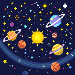 A pixel art depiction of outer space, featuring a vibrant and colorful cosmic scene