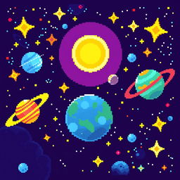 A pixel art depiction of outer space, featuring a vibrant and colorful cosmic scene