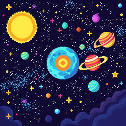 A pixel art depiction of outer space, featuring a vibrant and colorful cosmic scene