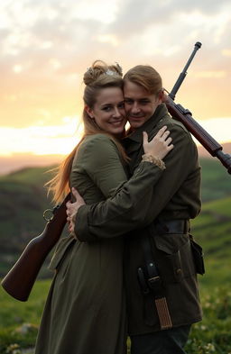 An Irish revolutionary with a rifle slung over his shoulder, wearing a 1920s military uniform, passionately embracing his blonde-haired girlfriend