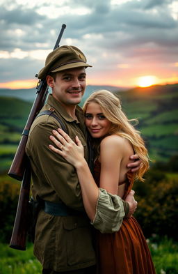 An Irish revolutionary with a rifle slung over his shoulder, wearing a 1920s military uniform, passionately embracing his blonde-haired girlfriend