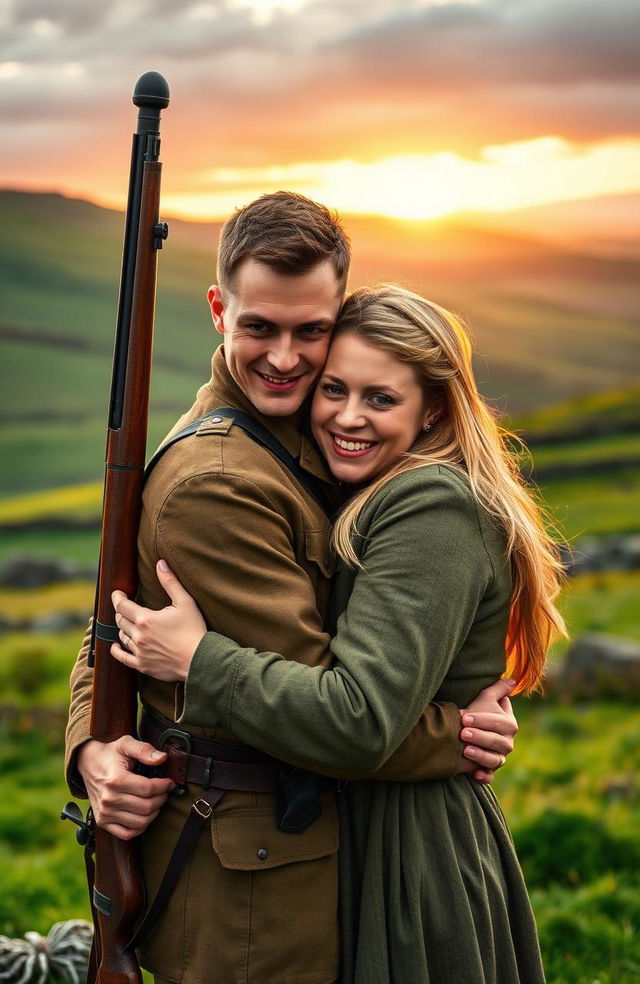 An Irish revolutionary with a rifle slung over his shoulder, wearing a 1920s military uniform, passionately embracing his blonde-haired girlfriend