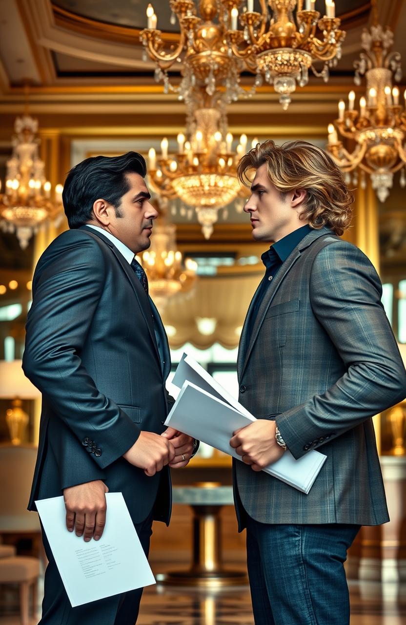 A dramatic scene from a luxury hotel show-down featuring two handsome male rivals in business attire, standing firm with determined expressions, facing each other in a glamorous hotel lobby