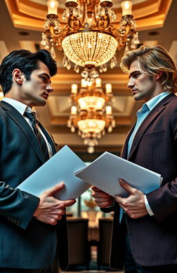 A dramatic scene from a luxury hotel show-down featuring two handsome male rivals in business attire, standing firm with determined expressions, facing each other in a glamorous hotel lobby