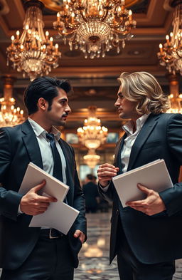 A dramatic scene from a luxury hotel show-down featuring two handsome male rivals in business attire, standing firm with determined expressions, facing each other in a glamorous hotel lobby