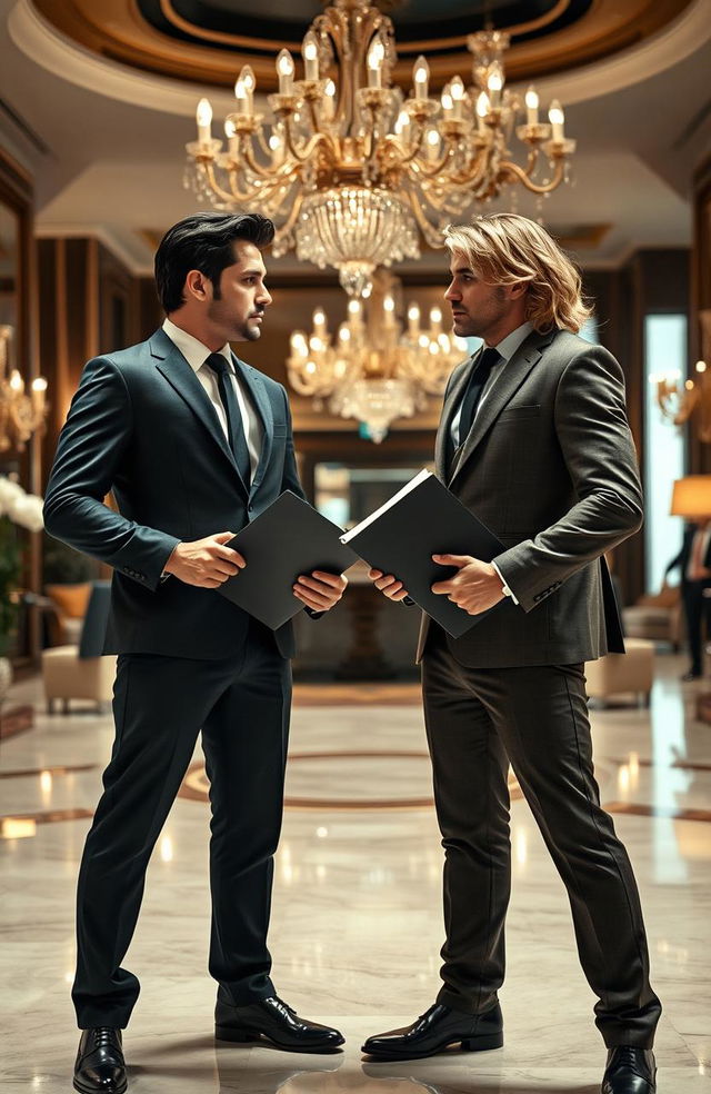 A dramatic scene from a luxury hotel show-down featuring two handsome male rivals in business attire, standing firm with determined expressions, facing each other in a glamorous hotel lobby