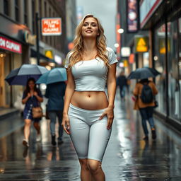 A sexy, curvy blonde girl standing on a sidewalk in a bustling street under heavy rain