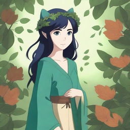 A high-quality digital art piece, reminiscent of Studio Ghibli's style, depicts a mid-aged elf druid