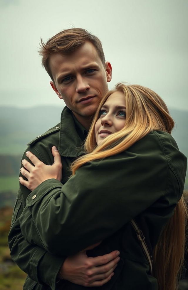 An IRA volunteer in a green military uniform embracing his blonde-haired girlfriend