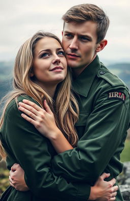 An IRA volunteer in a green military uniform embracing his blonde-haired girlfriend
