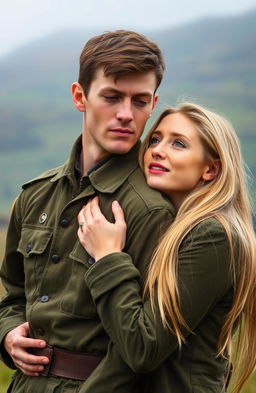 An IRA volunteer in a green military uniform embracing his blonde-haired girlfriend