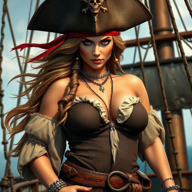 A beautiful female pirate from the Caribbean, with fierce, determined eyes and flowing long hair