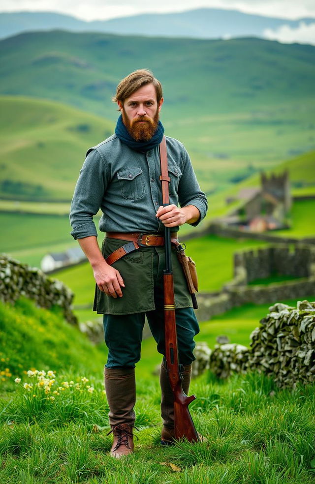 A rugged Irish man standing in a lush green landscape, reminiscent of the Irish countryside, wearing traditional attire with a modern twist