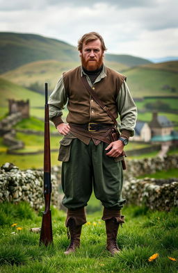 A rugged Irish man standing in a lush green landscape, reminiscent of the Irish countryside, wearing traditional attire with a modern twist