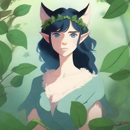 A high-quality digital art piece, reminiscent of Studio Ghibli's style, depicts a mid-aged elf druid