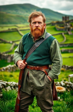 A rugged Irish man standing in a lush green landscape, reminiscent of the Irish countryside, wearing traditional attire with a modern twist