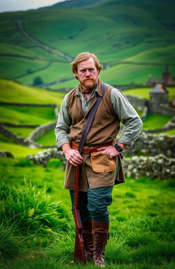 A rugged Irish man standing in a lush green landscape, reminiscent of the Irish countryside, wearing traditional attire with a modern twist