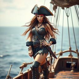 A beautiful female pirate from the Caribbean Sea, featuring a stunning face with fierce, determined eyes