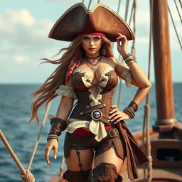 A beautiful female pirate from the Caribbean Sea, featuring a stunning face with fierce, determined eyes