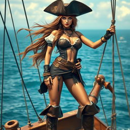 A beautiful female pirate from the Caribbean Sea, featuring a stunning face with fierce, determined eyes