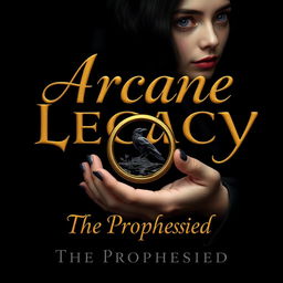 An enchanting book cover design featuring a golden cursive lettered font that elegantly displays the title 'Arcane Legacy: The Prophesied' against a rich black background