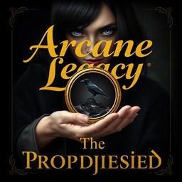 An enchanting book cover design featuring a golden cursive lettered font that elegantly displays the title 'Arcane Legacy: The Prophesied' against a rich black background