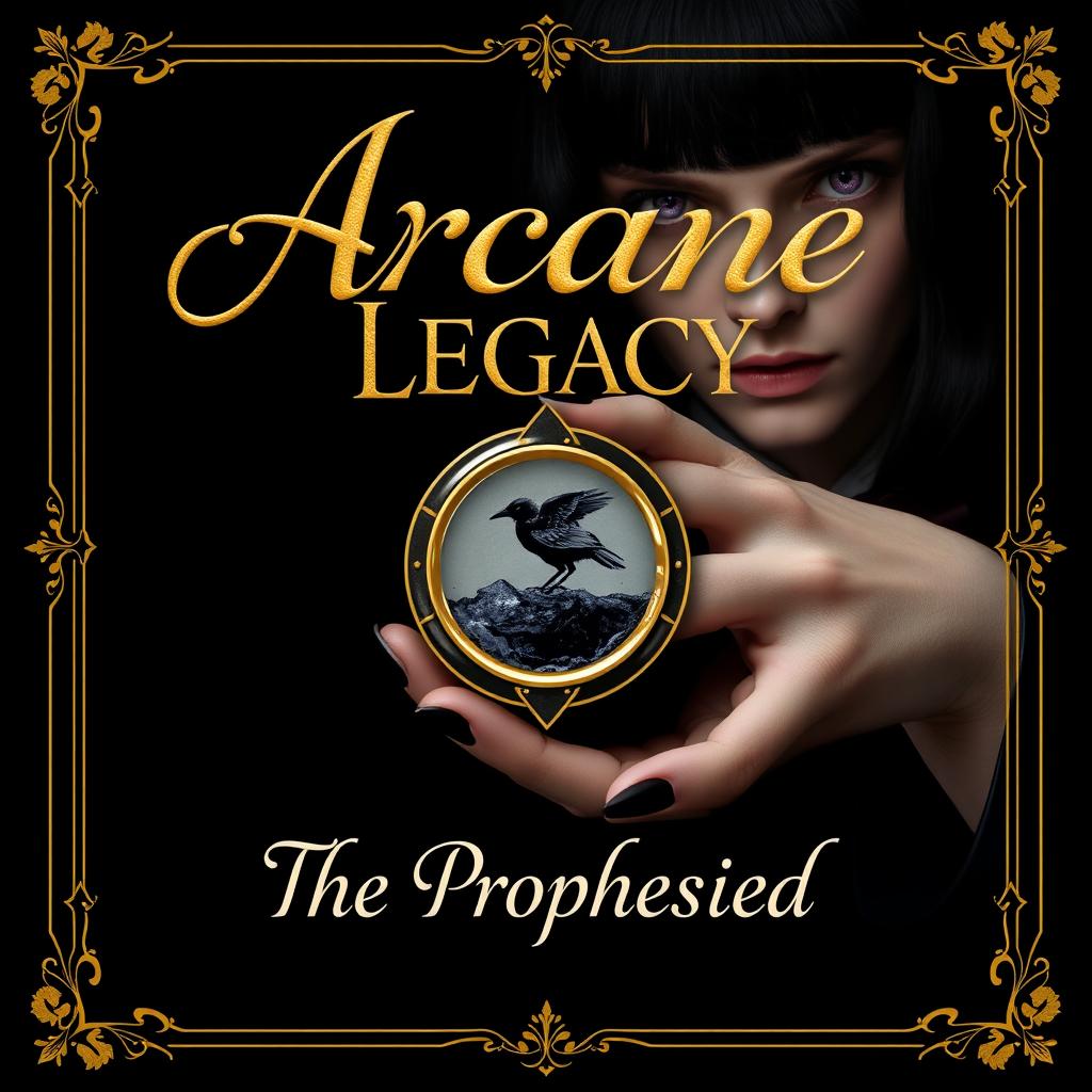 An enchanting book cover design featuring a golden cursive lettered font that elegantly displays the title 'Arcane Legacy: The Prophesied' against a rich black background