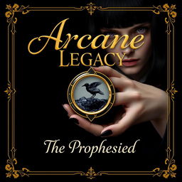 An enchanting book cover design featuring a golden cursive lettered font that elegantly displays the title 'Arcane Legacy: The Prophesied' against a rich black background
