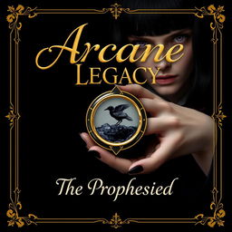 An enchanting book cover design featuring a golden cursive lettered font that elegantly displays the title 'Arcane Legacy: The Prophesied' against a rich black background