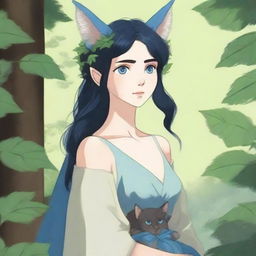 A high-quality digital art piece, reminiscent of Studio Ghibli's style, depicts a mid-aged elf druid