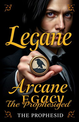 A beautifully designed book cover that features a golden cursive lettered font displaying the title 'Arcane Legacy: The Prophesied' set against a striking black background
