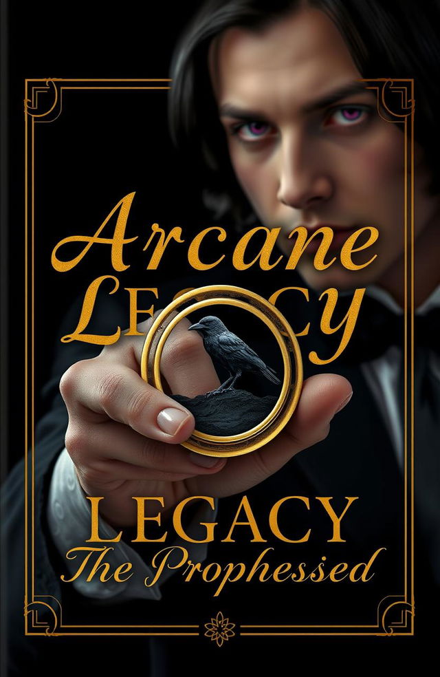 A beautifully designed book cover that features a golden cursive lettered font displaying the title 'Arcane Legacy: The Prophesied' set against a striking black background