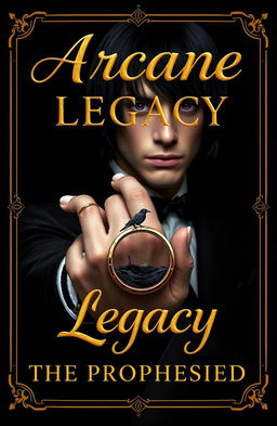 A beautifully designed book cover that features a golden cursive lettered font displaying the title 'Arcane Legacy: The Prophesied' set against a striking black background