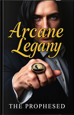 A beautifully designed book cover that features a golden cursive lettered font displaying the title 'Arcane Legacy: The Prophesied' set against a striking black background