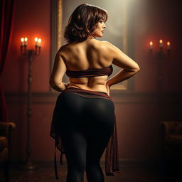 A seductive scene featuring a confident and alluring mature woman with a wide, curvy figure, emphasizing an hourglass silhouette